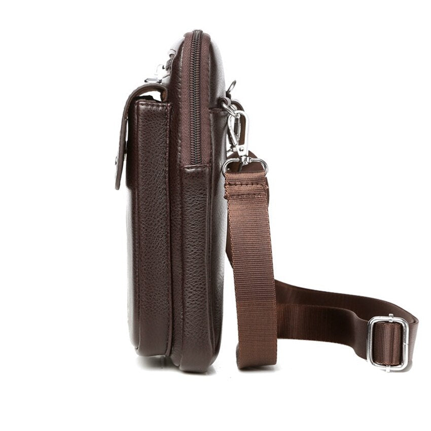 Elegant brown PU leather men's crossbody bag, a compact and stylish accessory for modern living.