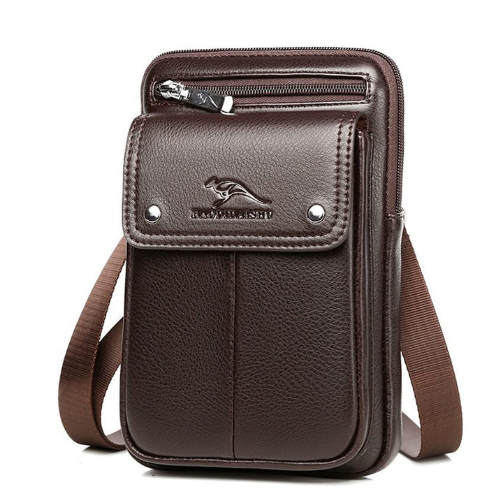 Stylish compact PU leather mensbag in brown, featuring an adjustable shoulder strap.