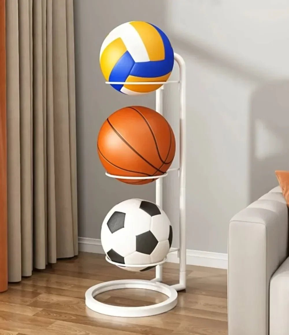 Compact sports ball storage rack for garage organization, holding basketballs, soccer balls, & equipment.
