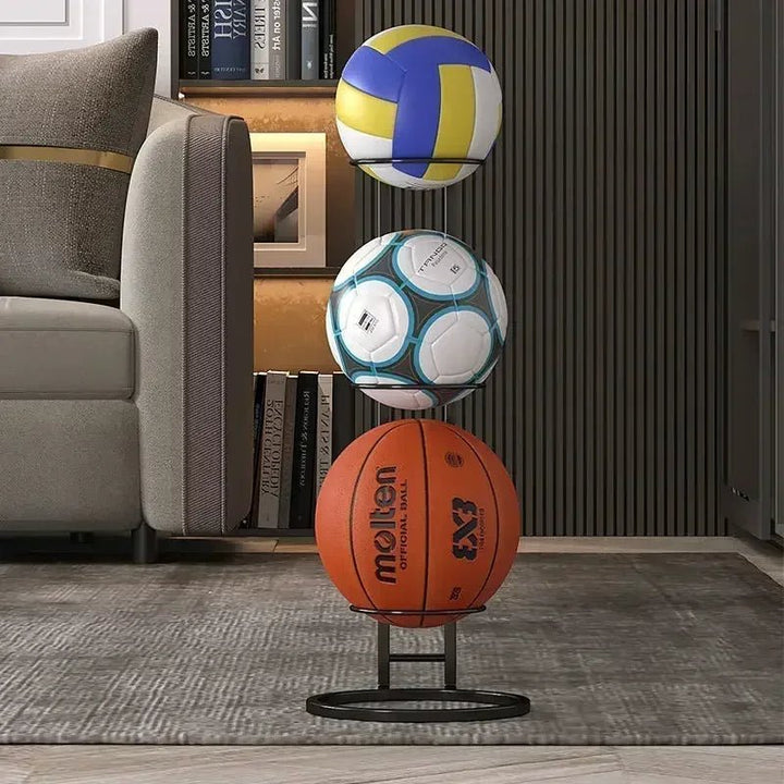 Compact sports equipment rack, great for storing basketballs, soccer balls, & other gear in a small space.
