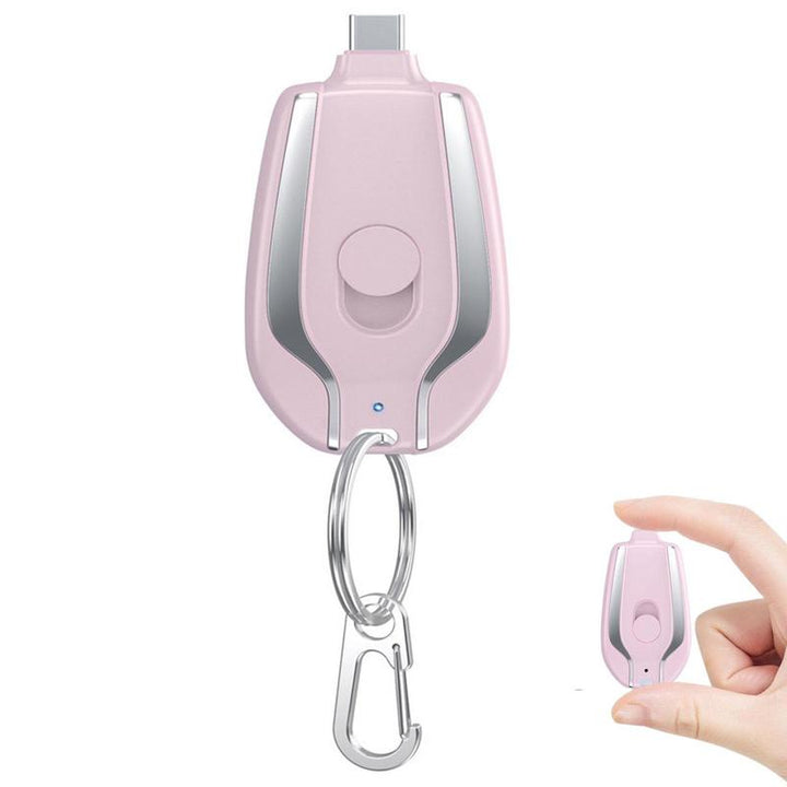 Mini portable phone charger with keychain for emergency power. Universal USB-C & iPhone fast charging.