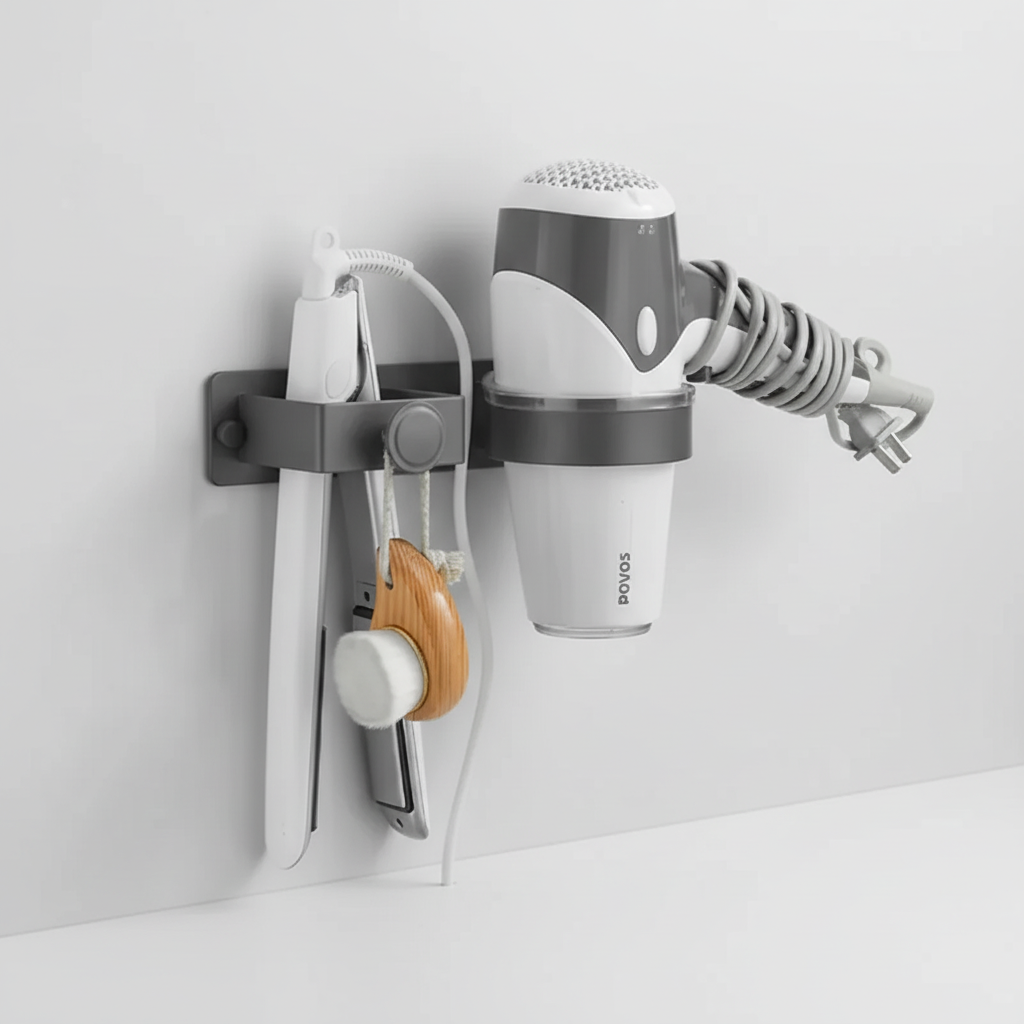 Bathroom accessories solution: a wall-mounted StyleGripz for hair dryers and flat irons.