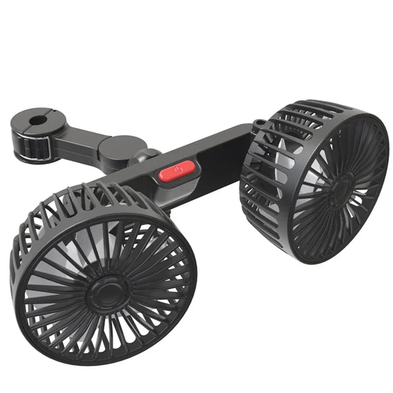 CoolBreeze dual-head USB car fan, 360° rotatable, 3 speeds, black finish for auto cooling