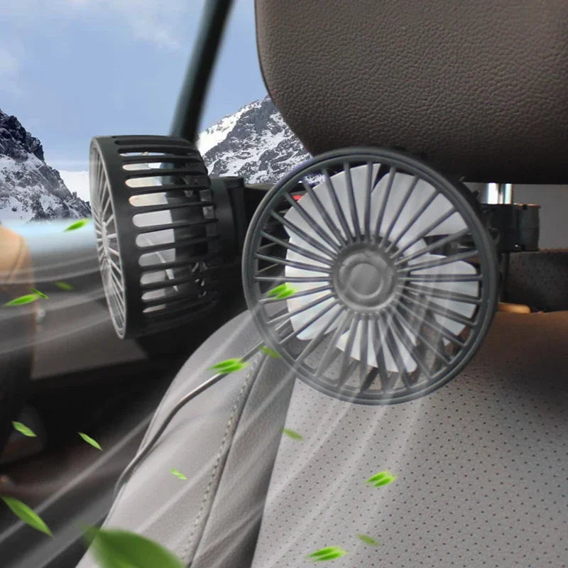 Close-up of CoolBreeze 3-speed USB car fan, dual rotating heads for personal cooling in vehicle