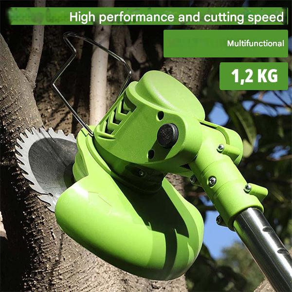Front view of the BladeTrim 18000 lightweight lawn trimmer, ready for use.