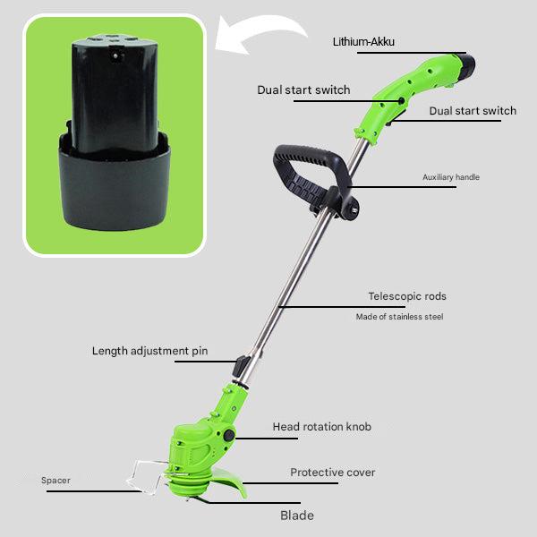 BladeTrim 18000 electric lawn trimmer on a green lawn, demonstrating portability.