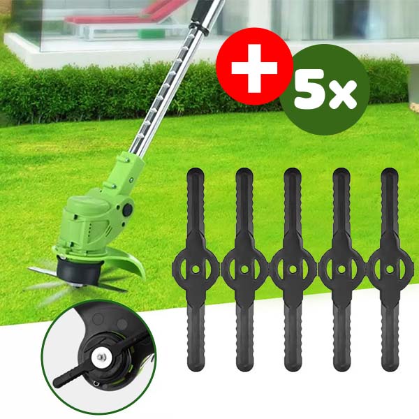 BladeTrim 18000 lawn trimmer with battery pack, showing its powerful cordless design.