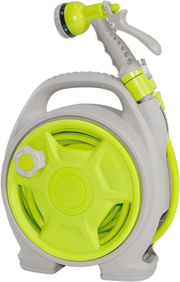 Corvina compact garden hose reel set with 15m pipe, perfect for watering and cleaning outdoor spaces.