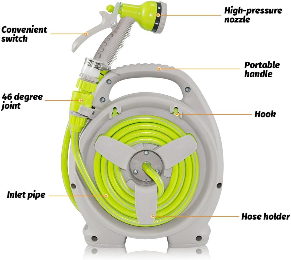Compact Corvina watering set with 15-meter garden hose and integrated reel for easy storage.