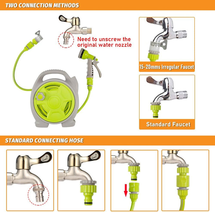 Portable garden hose reel set, 15m pipe, essential outdoor tool for home and garden maintenance.