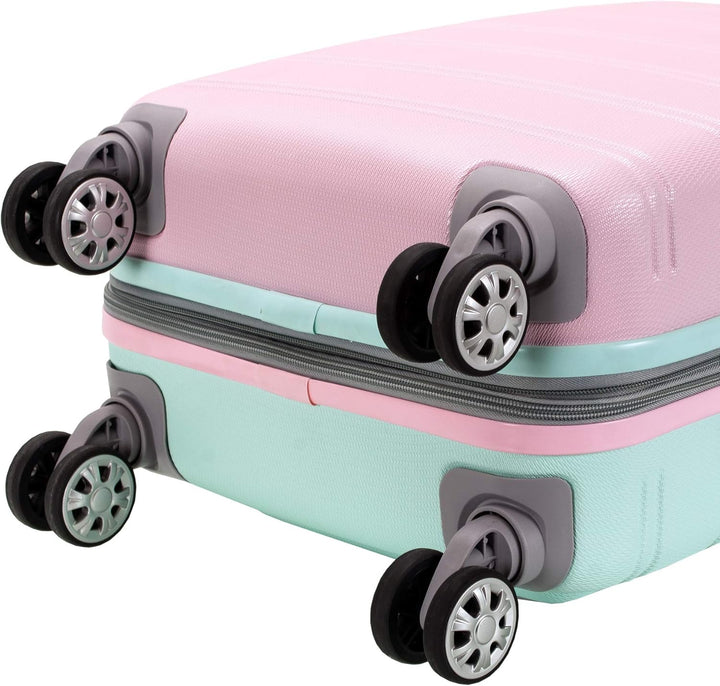 Cotton Candy hardside carry-on luggage from the side, highlighting its expandable zipper feature.