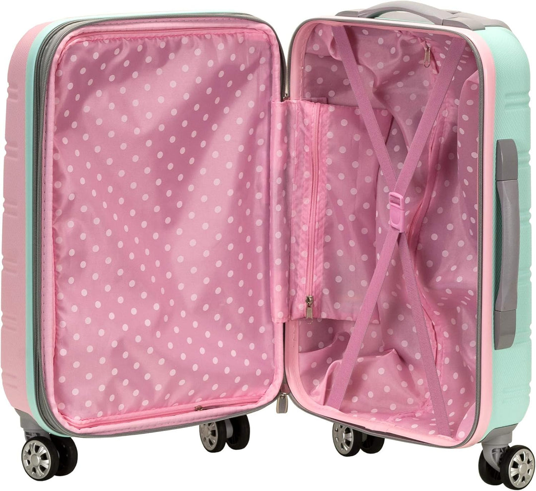 Durable Cotton Candy hardside carry-on with double spinner wheels, ideal for frequent travelers.