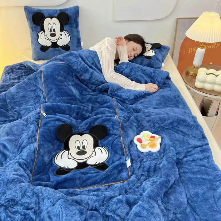 Home comfort textile set: Cozy cartoon plush blanket, matching cushion.