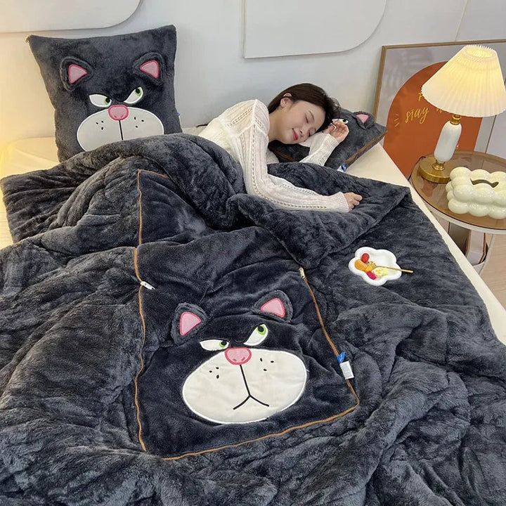 Living room decor: Cozy cartoon plush blanket, comfortable cushion set.