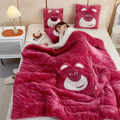 Plush cartoon blanket & matching cushion. Ideal for sofa throw, kids decor.