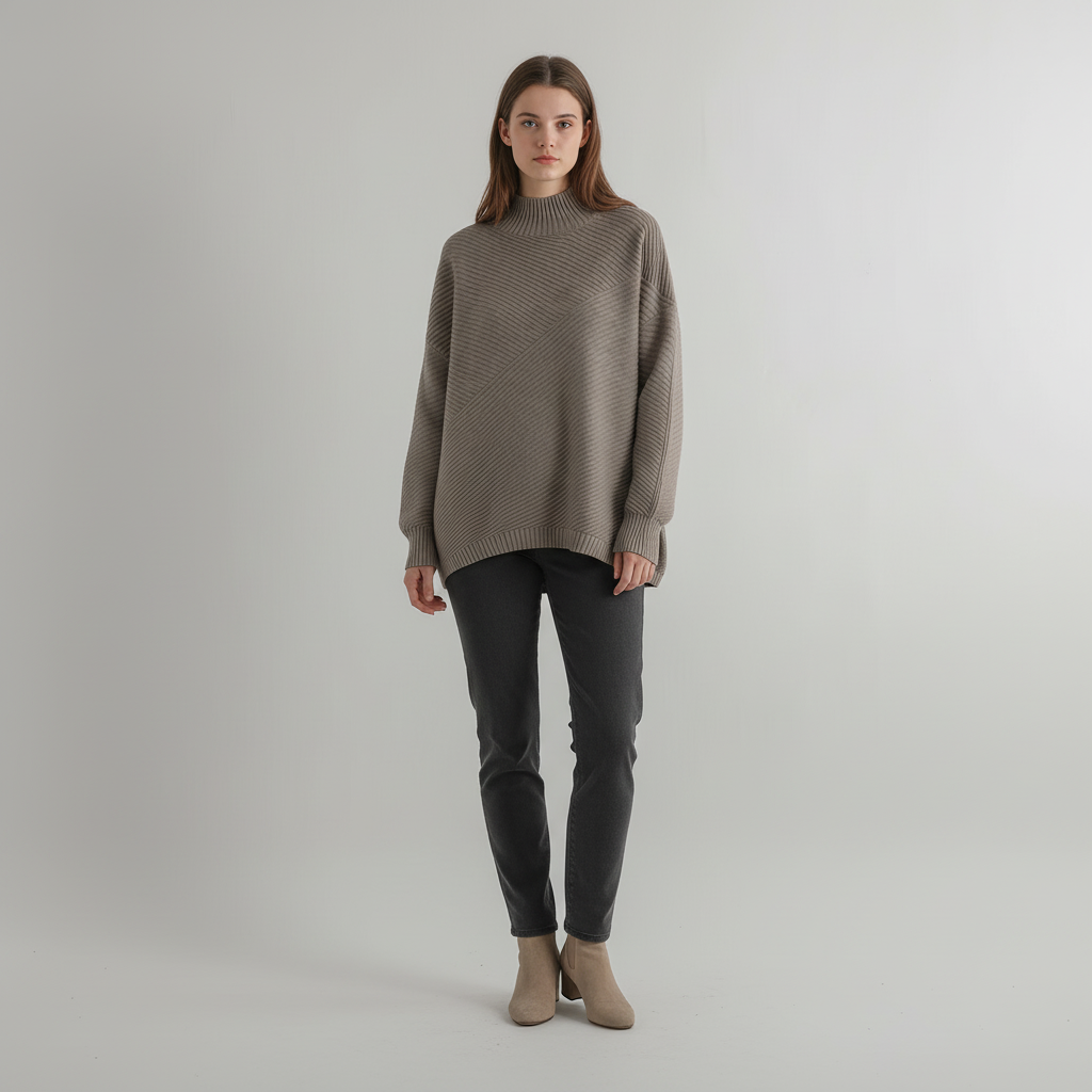 One-size loose fit knitted sweater for women, featuring a chic half-roll neck design