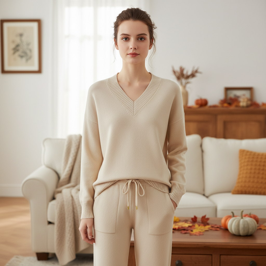 Cozy women's knit two-piece V-neck pullover and pants set in black.