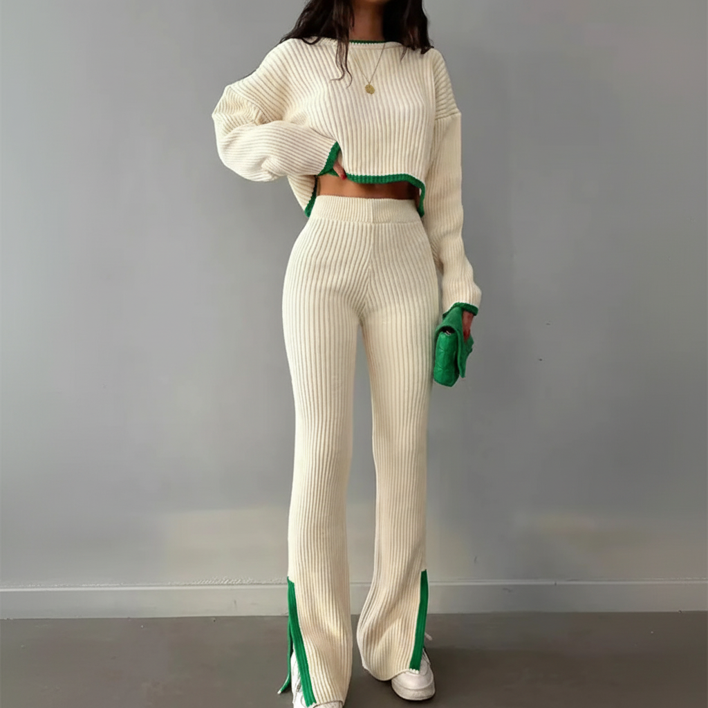 Fashionable women's knitted joggers set and cardigan, offering cozy relaxation and casual style