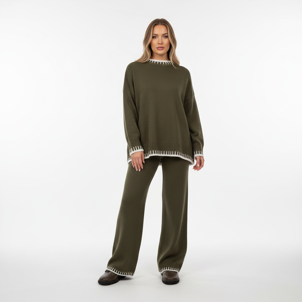 Elegantly draped women's knitted two-piece set, showcasing its versatility as casual and comfy wear