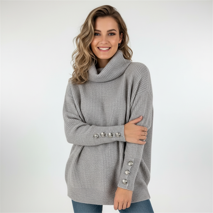 Elegant women's knitted turtleneck sweater with long sleeves, made from a warm cotton blend