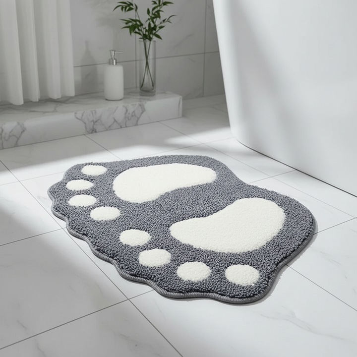 CozyFoot foot-shaped plush bath mat in a bathroom, soft & water absorbent, non-slip for shower & tub