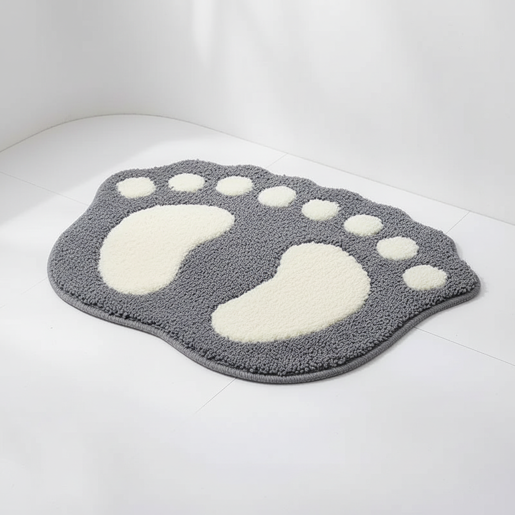Aerial view of the unique foot-shaped plush bath mat, soft and comfortable for any bathroom space