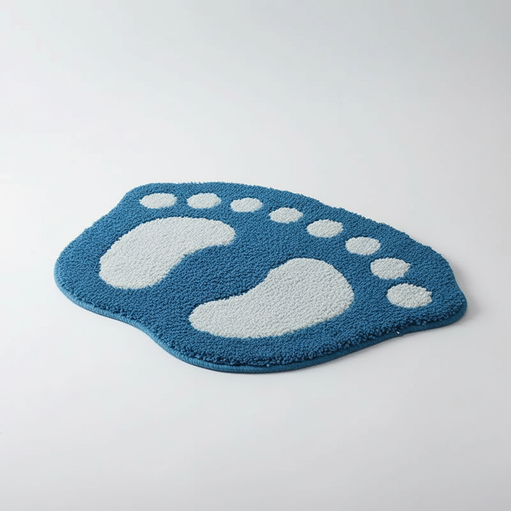 Bathroom comfort with CozyFoot: a foot-shaped, non-slip memory foam bath mat in a neutral color