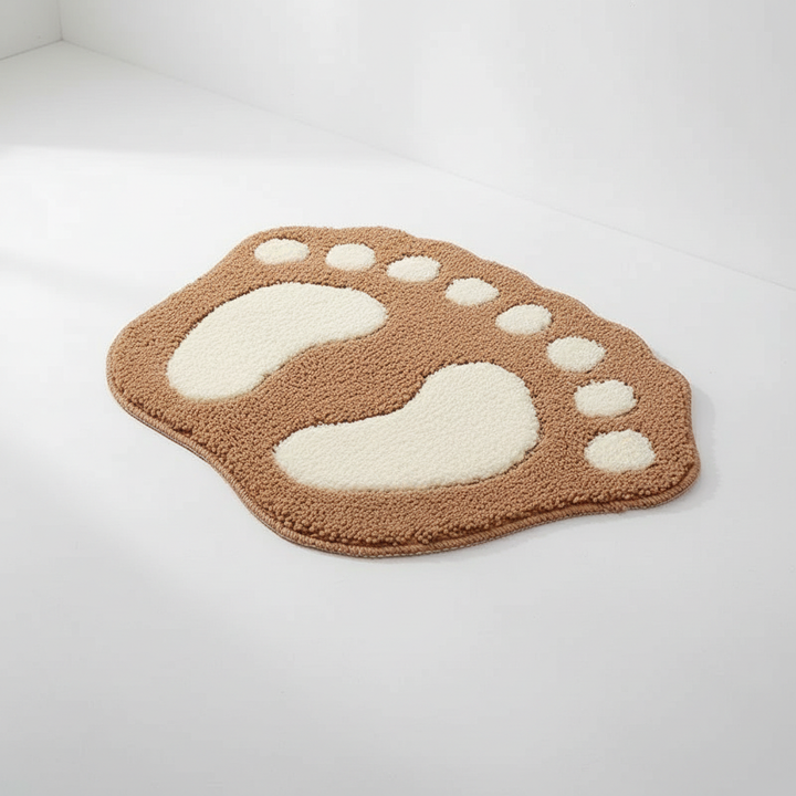 Plush foot-shaped memory foam bath mat, CozyFoot, designed for absorbency and non-slip safety