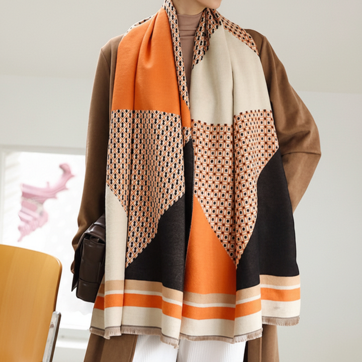 Warm CozyLuxe fashion scarf, multi-colored and finely woven, perfect for winter and fall outfits