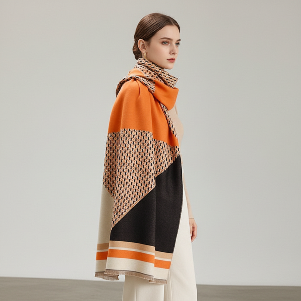 Fashionable multicolored women's scarf draped, showcasing its warmth and soft texture