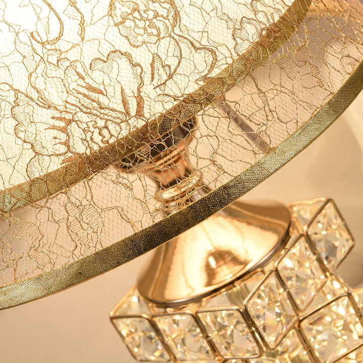 Modern energy-efficient crystal LED dimmable lamp, shown on a bedside table with remote