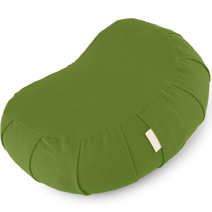 Curved organic cotton meditation cushion offering superb back support & comfort; buckwheat filled & washable.