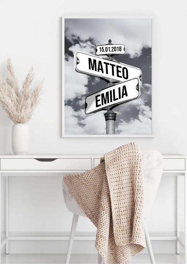 Customizable street sign print, unique relationship art for home accents. Personalized with names & special date.