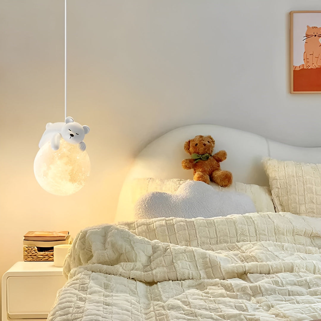 Cute bear LED pendant light for kids' bedroom or nursery decor. Animal themed ceiling lamp for children.