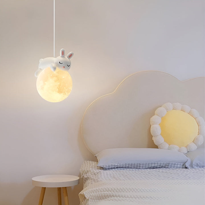 LunarBuddy cute rabbit LED pendant light, ideal for a child's bedroom or nursery lighting. Kids' decor.