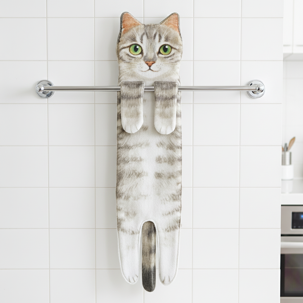 Cute cat quick dry hand towel for kitchen, highly absorbent pet themed home decor