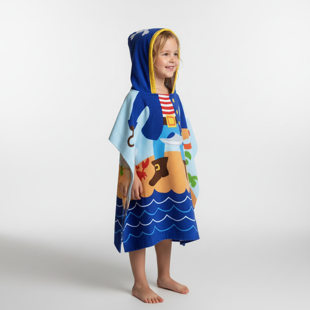 Comfortable hooded beach towel for kids, AdventureTowel collection, featuring playful animal designs.