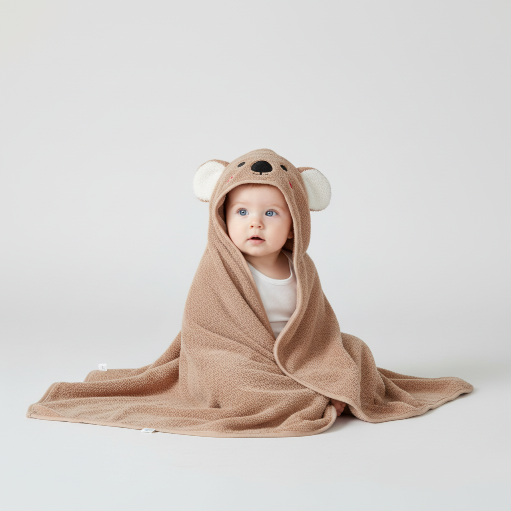 Koala grey baby hooded bathrobe, cozy FluffyCape toddler bath towel, absorbent and soft kids robe