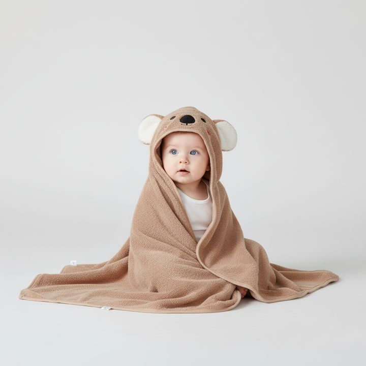 Koala grey baby hooded bathrobe, cozy FluffyCape toddler bath towel, absorbent and soft kids robe