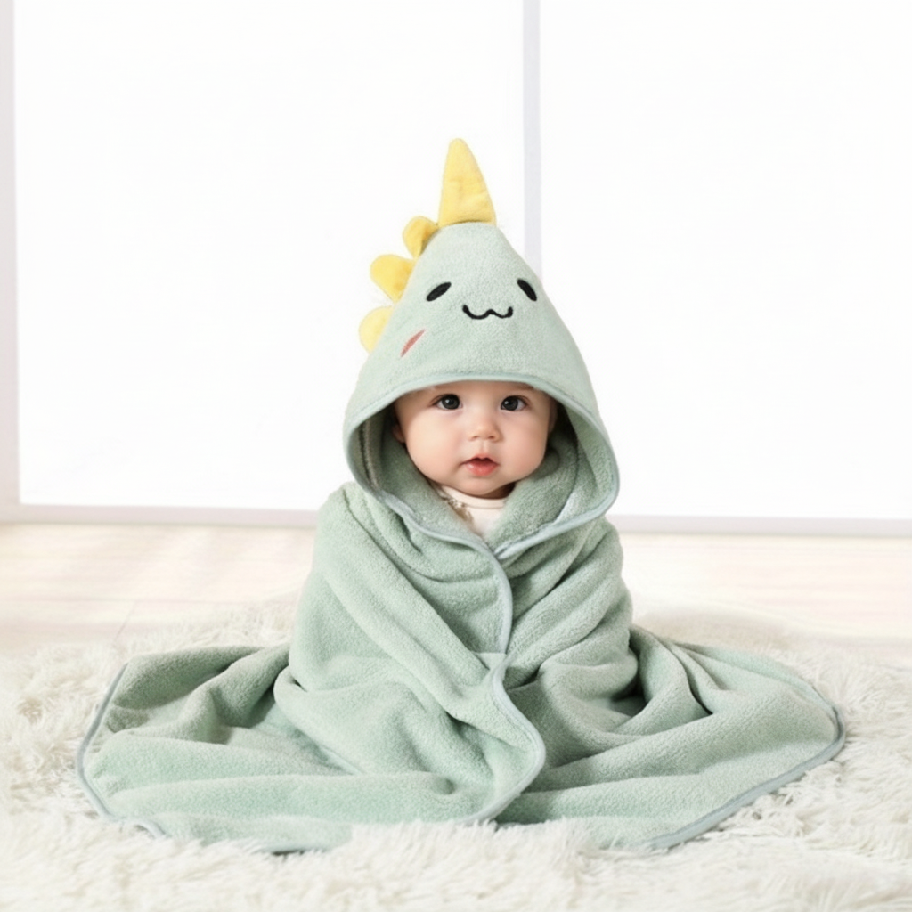 Close-up of a baby hooded bathrobe animal design, soft FluffyCape fabric for kids bath comfort