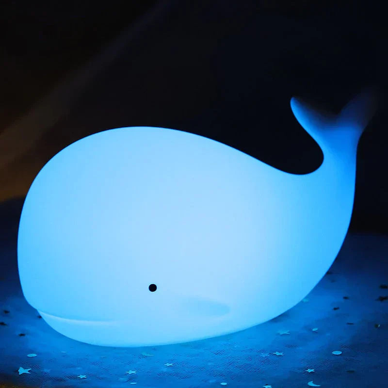 Kids whale night light glowing in various colors, touch control, battery operated nursery lamp