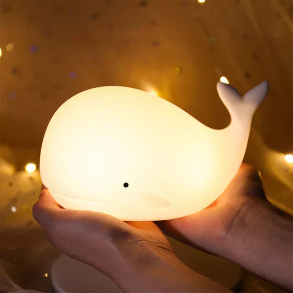 Color changing whale night light, durable silicone, easy touch controls, suitable for baby's room