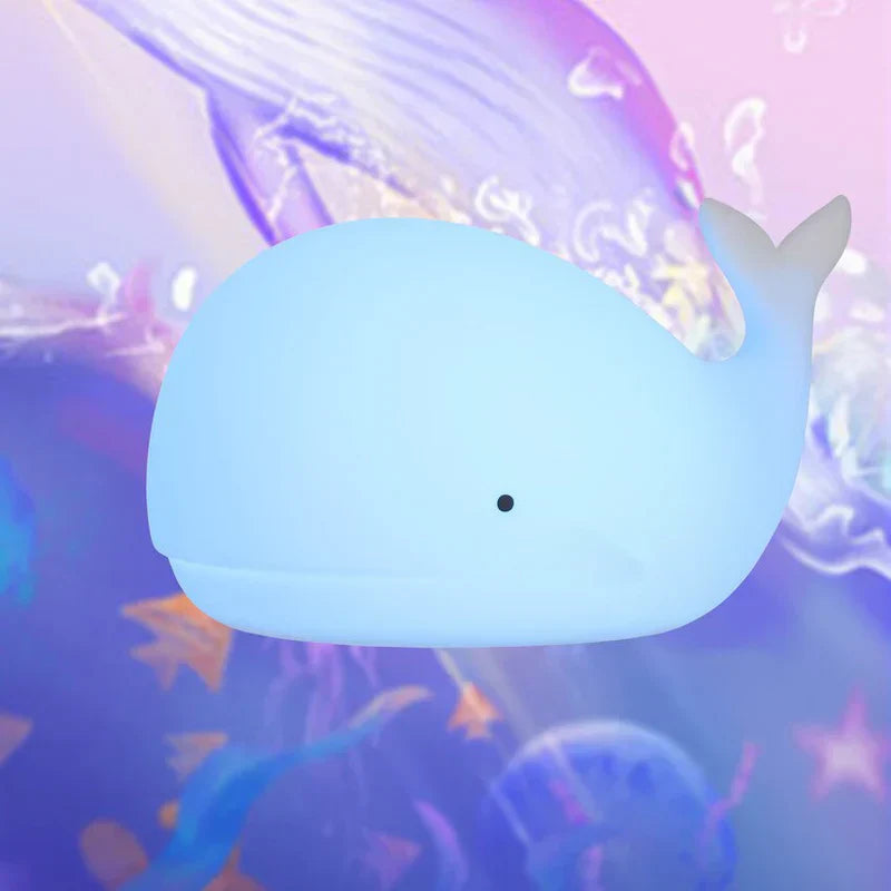 Whale shaped night light for kids, vibrant color changing LED, squishy silicone, ideal nursery gift