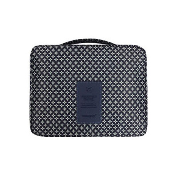 Women's dark blue floral waterproof cosmetic organizer, ideal for travel.