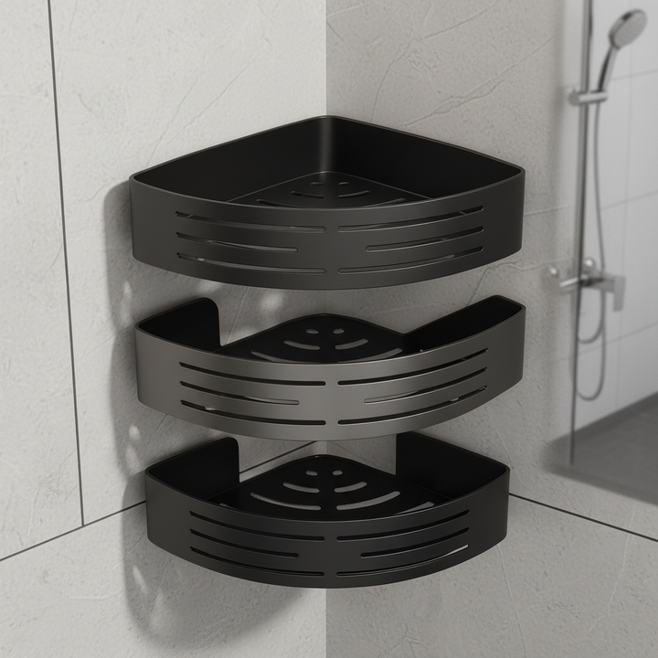 Dark gray three-tier no-drill shower organizer. Rust-resistant plastic corner caddy for shampoo, soap, and toiletries.