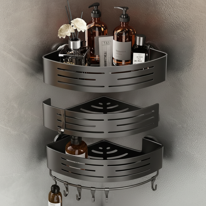 Modern white three-tier shower caddy with no-drill installation. Space-saving bathroom storage for corners.