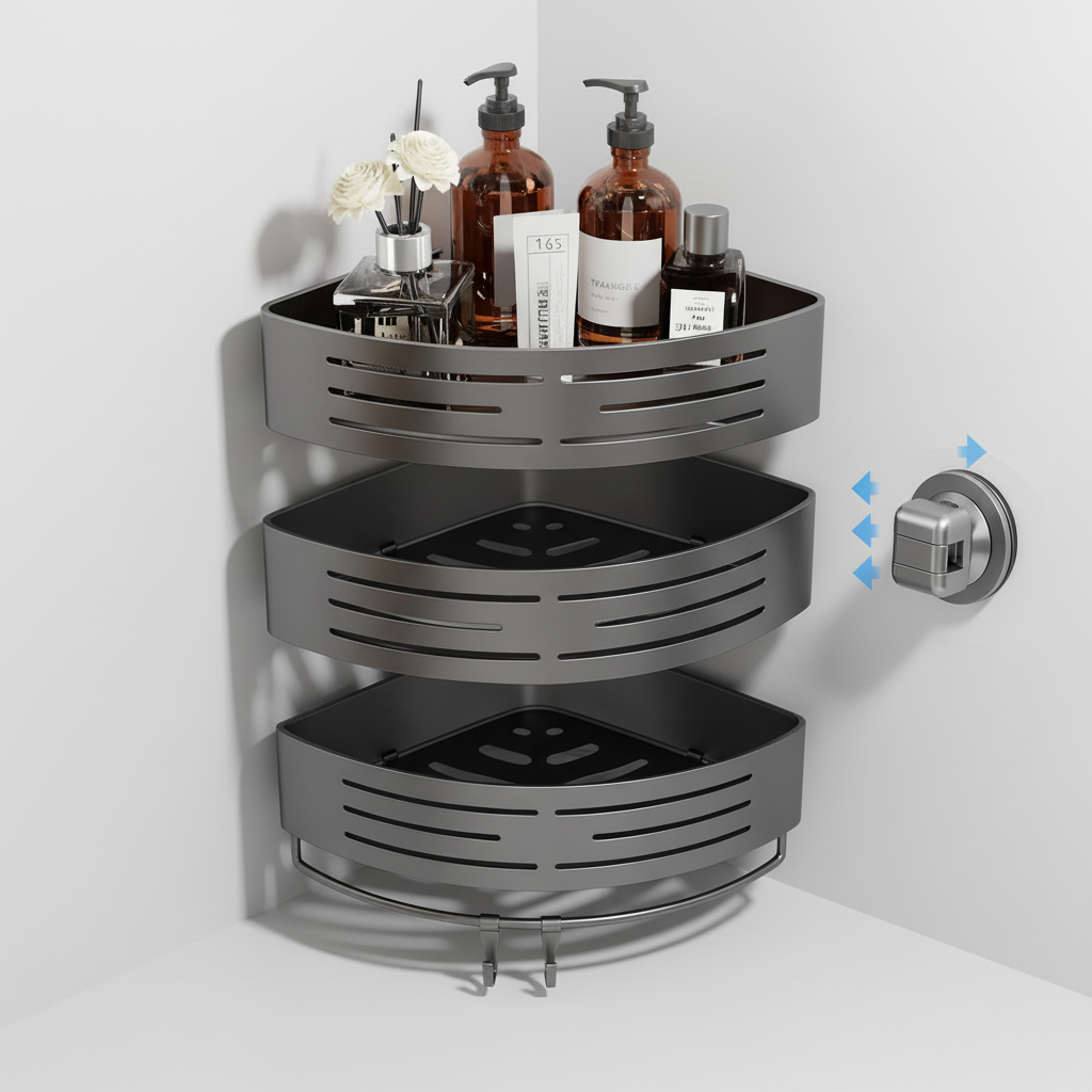 Space-saving silver three-tier shower organizer with plastic shelves. No-drill corner caddy for bath essentials.