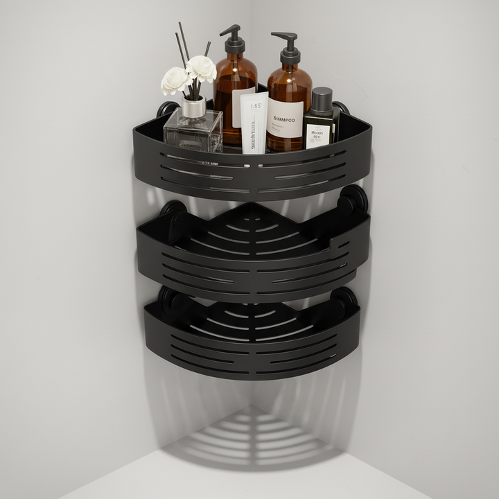Versatile 3-tier bathroom storage caddy. No-drill shower organizer for soap, shampoo, and bath accessories.