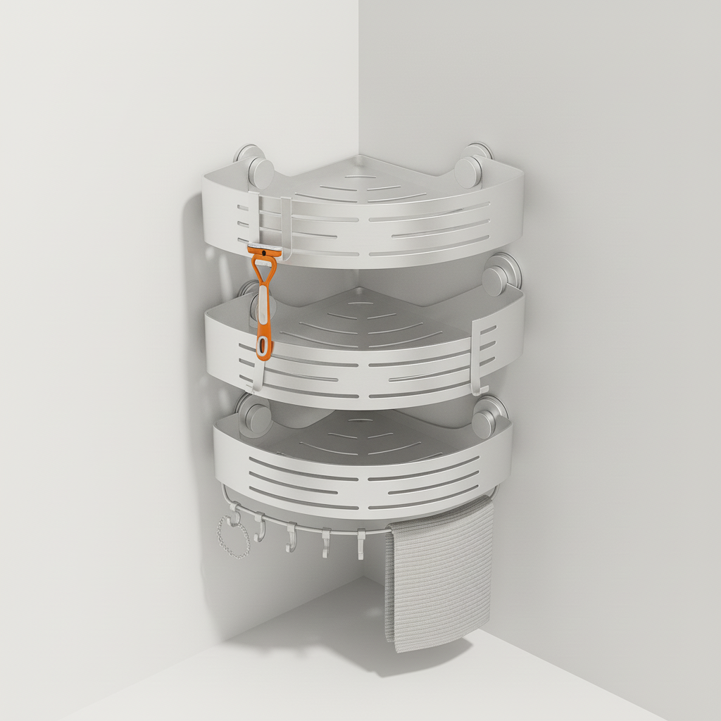 Durable white 3-tier shower organizer. Rust-resistant, no-drill corner caddy for shampoo, soap, and essentials.
