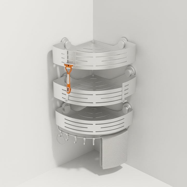 Durable white 3-tier shower organizer. Rust-resistant, no-drill corner caddy for shampoo, soap, and essentials.